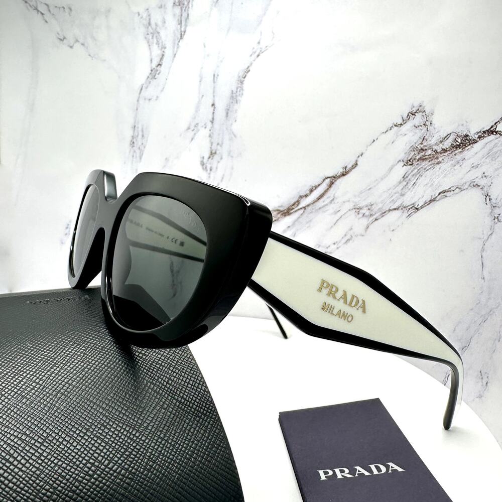 New PRADA Sunglasses Black White Talc Gold Symbole Oval Cat Eye Womens - Picture 7 of 16